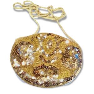 Vintage black tie gold glitz sequin & beaded round clutch/crossbody evening bag